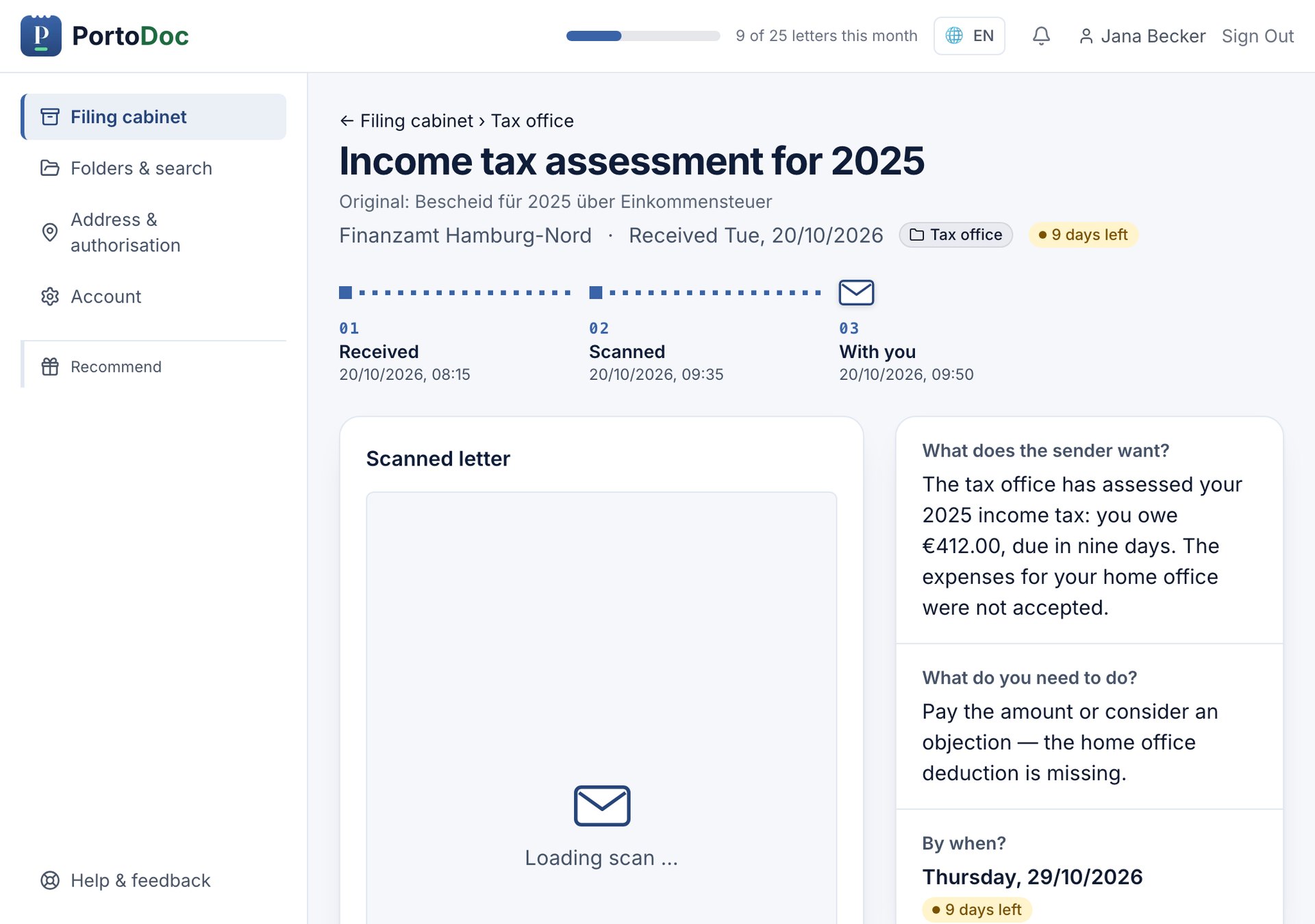 PortoDoc letter view: a German tax assessment (Finanzamt) explained in plain English, with amount, next step and deadline