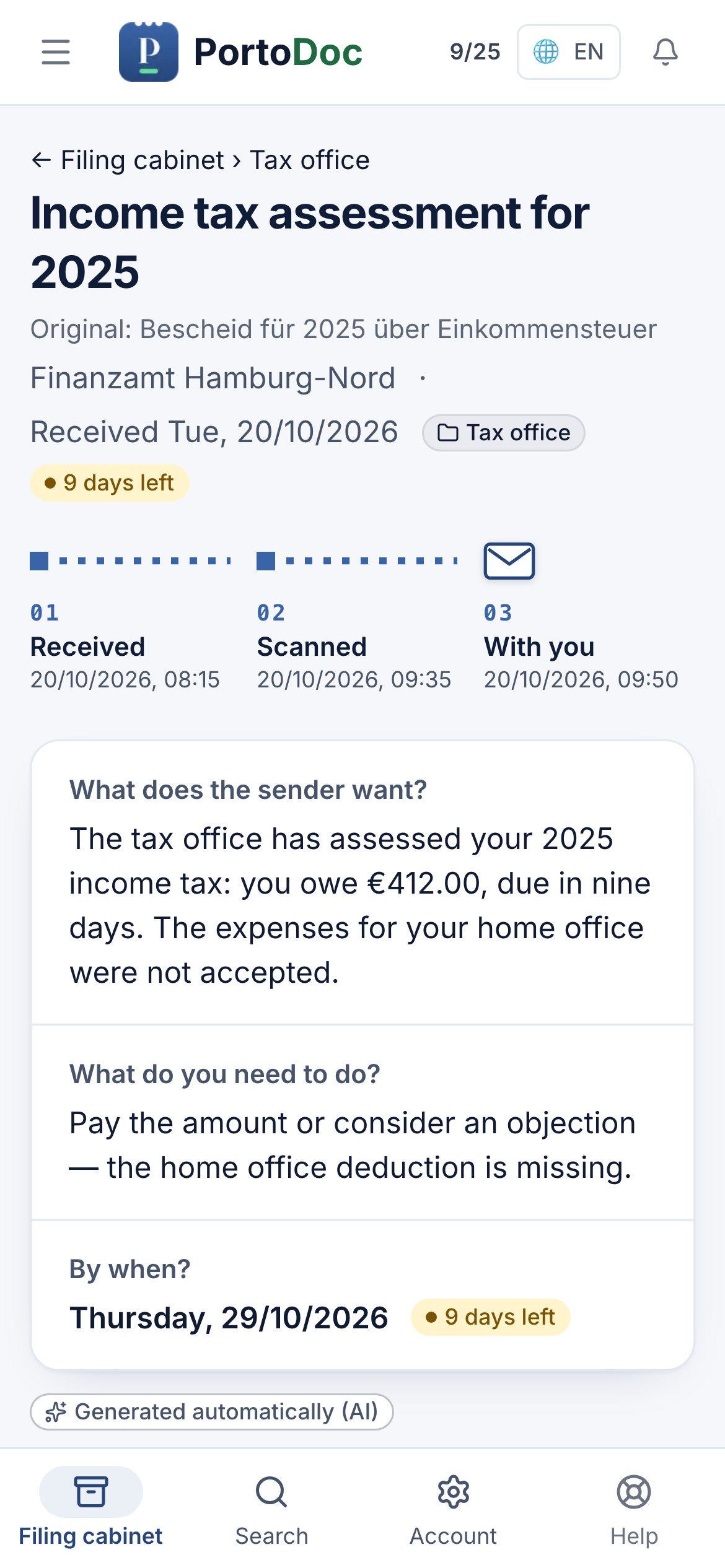 Letter from a German tax office (Finanzamt) explained in English in the PortoDoc customer account on a phone