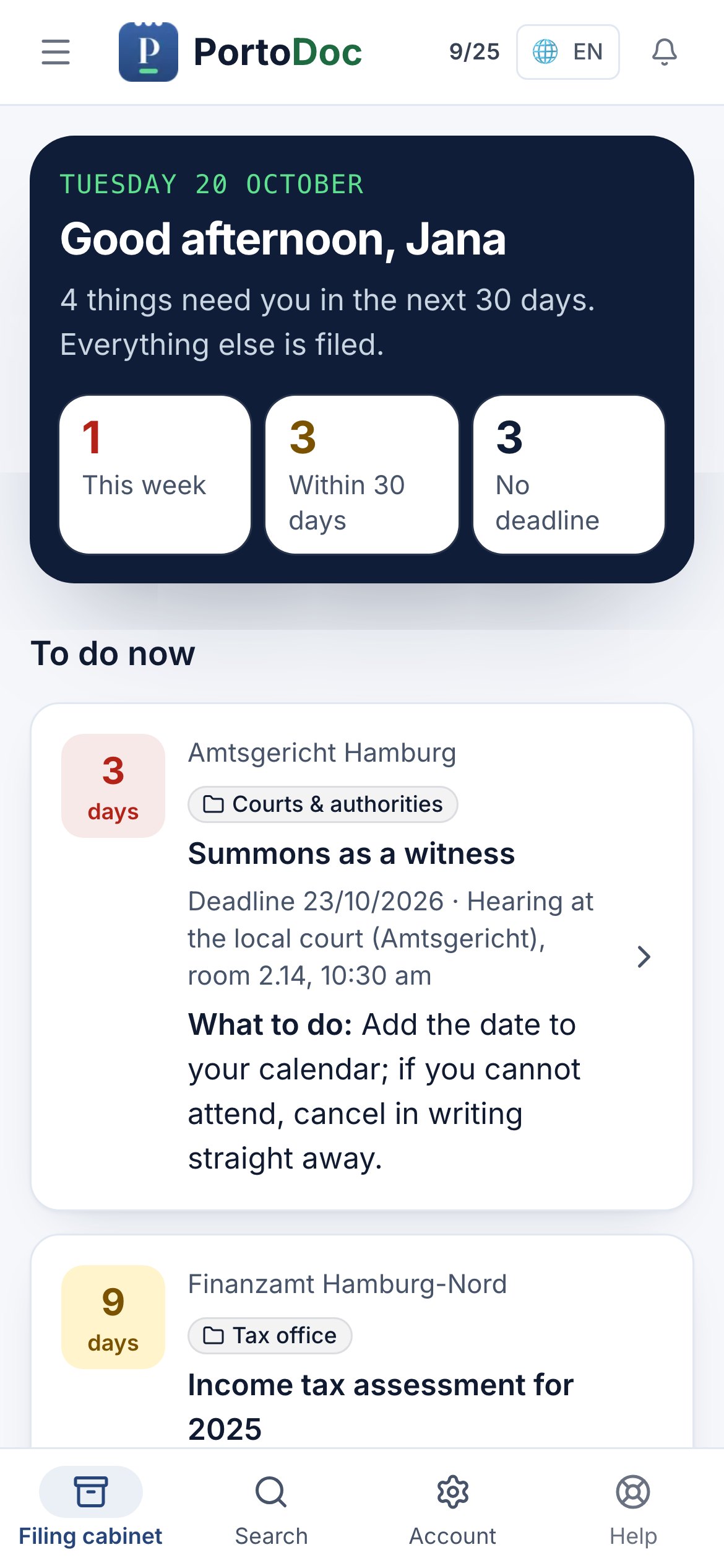 PortoDoc on a phone: list of letters with deadlines